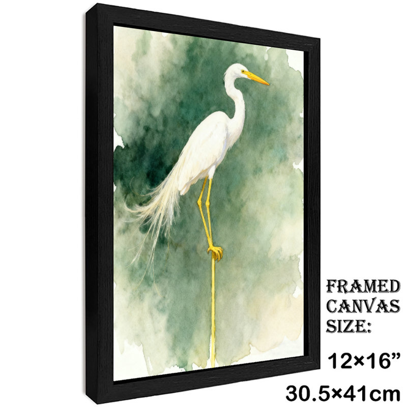 Aigrette blanche rétro encadrée noire - élégance et beauté naturelle, impressions murales de style rétro, H 17 po x l 13 po