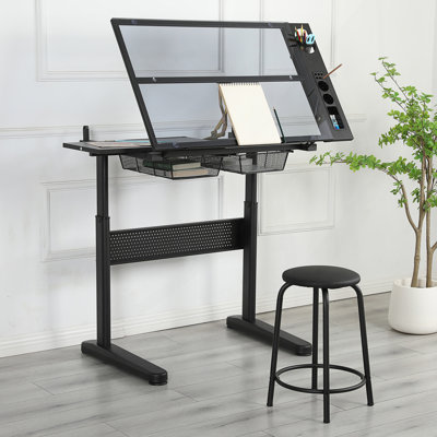 Table à dessin réglable avec 2 tiroirs en métal et tabouret, table d'écriture