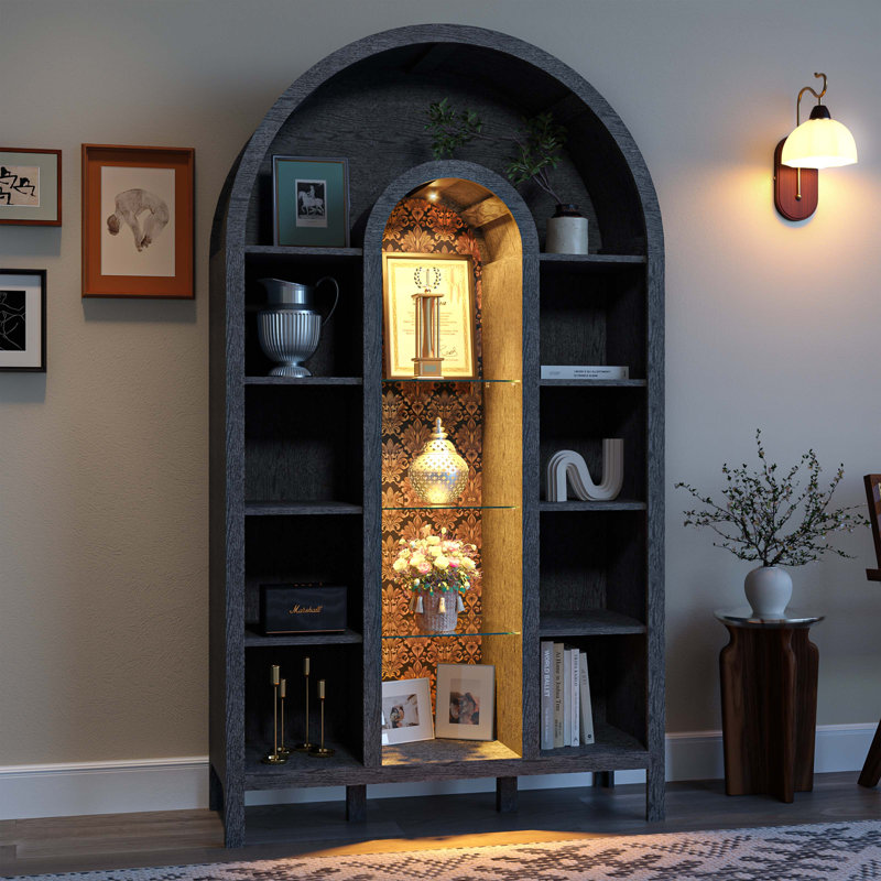 Grande vitrine arquée de 70,4 po, armoire de bar avec éclairage à DEL, bibliothèque avec armoire de rangement et tablettes réglables