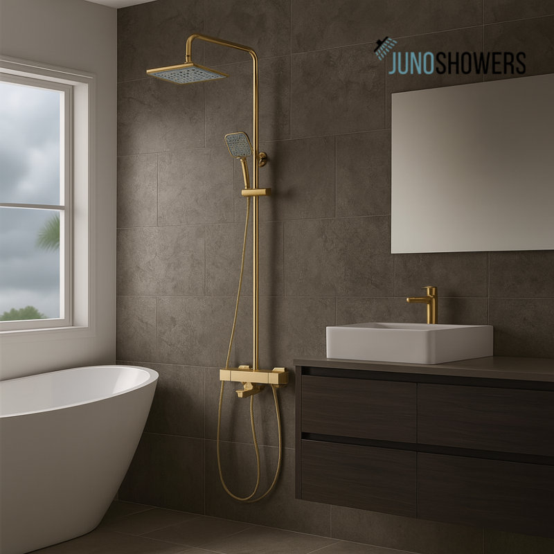 Juno Square Curved Gold Single Handle Wall Mount Shower with Hand-Held Shower