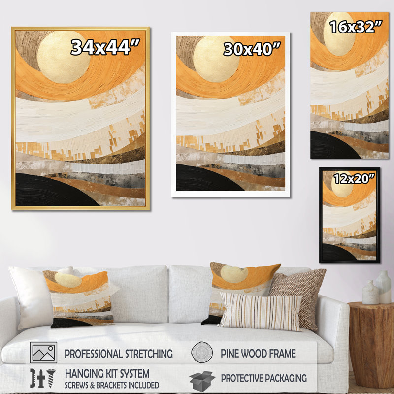 «Geometric Golden Beige Sunset Harmony II», reproduction sur toile, H 32 po x l 16 po x P 1 po, Cadre flottant noir