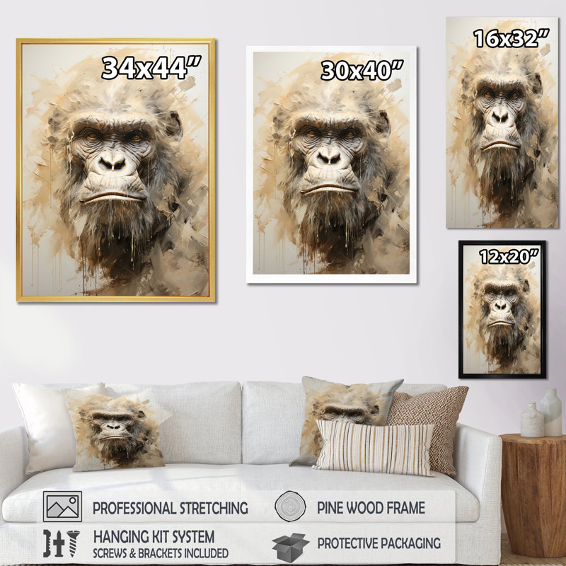 Portrait d'un gorille beige sur toile, Cadre flottant noir, H 44 po x l 34 po x P 1,5 po
