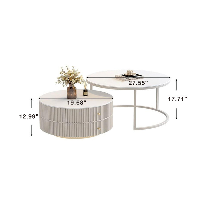 White Stone + Manufactured Wood Round Coffee Table, 17.71" H x 27.55" L x 27.55" W