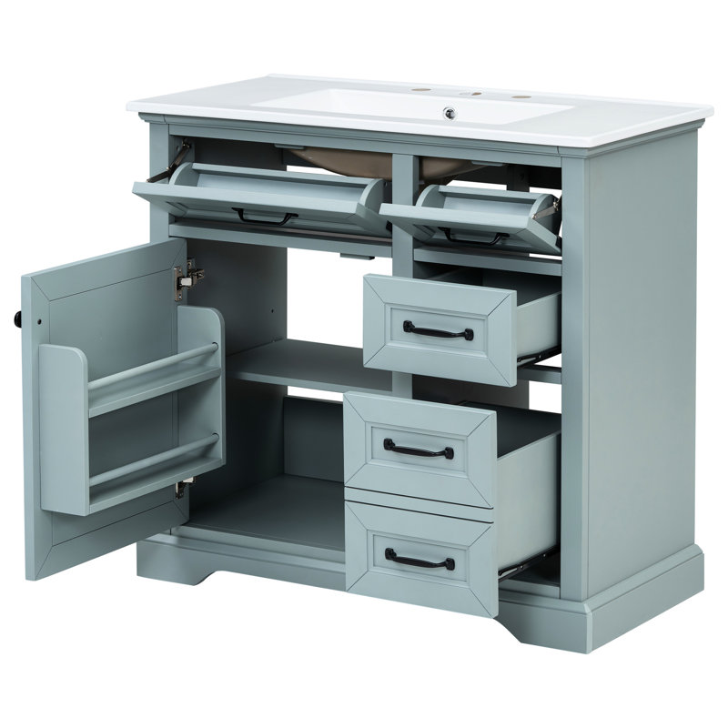 Lavabo de salle de bain gris 36 po - Céramique solide, 4 tiroirs, charnière de porte silencieuse avec, Gris / vert