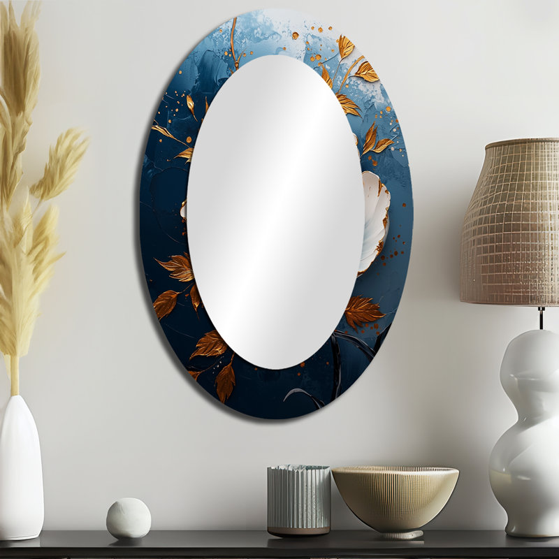 Doré et sarcelle pivoine II - grand miroir mural ovale sur métal, 36 po x 24 po