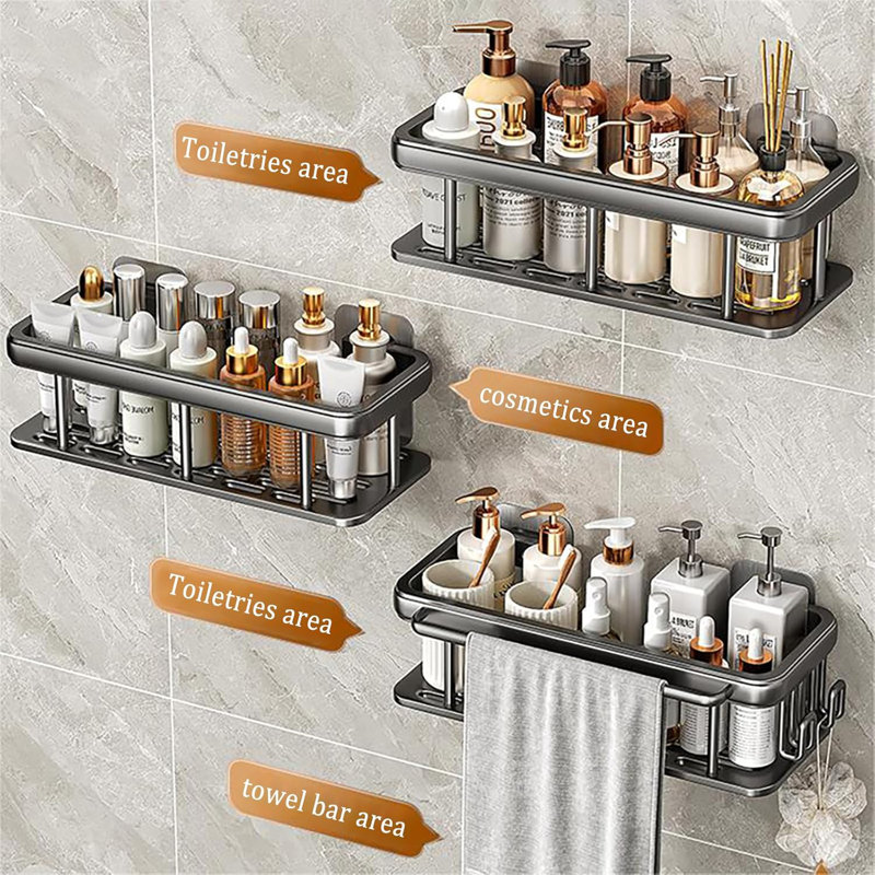 Aluminum Shower Caddy, Adhesive Shower Shelves, 2-Pack with Hooks and Rod for Towels