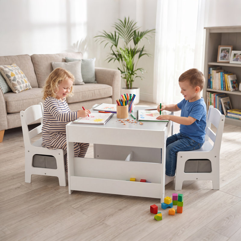 Kids Wood Table & 2 Chairs Set, 4 in 1 Children Activity Table w/Double Bookcase, Blackboard, Toddler Furniture Set