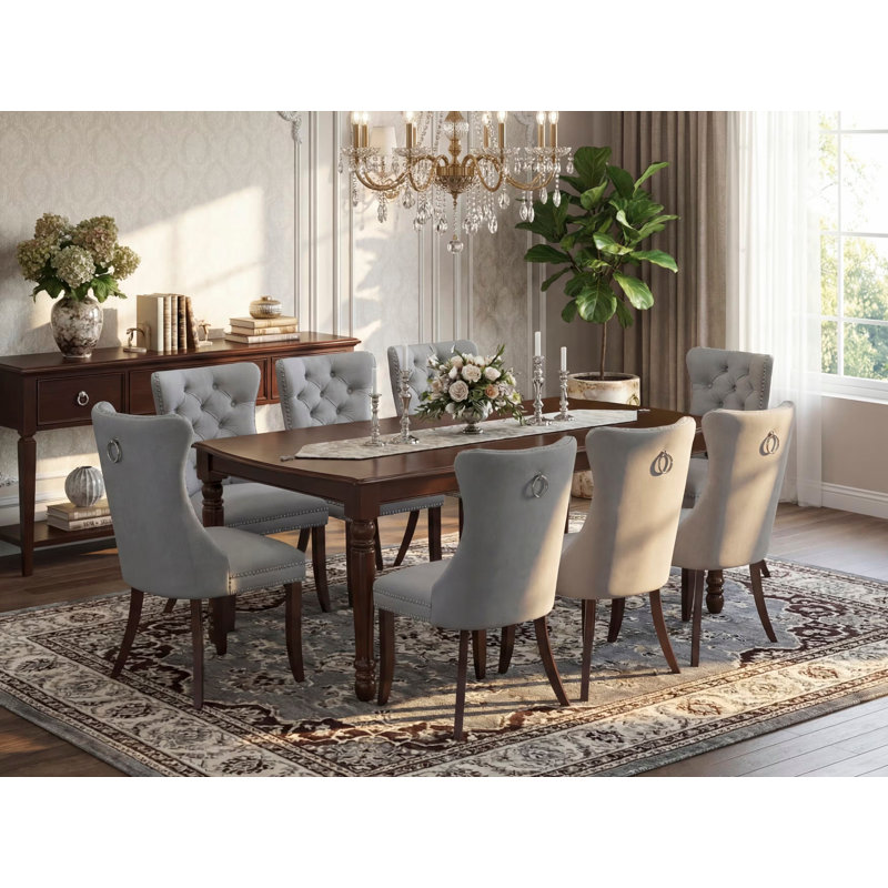 9 Piece Dining Set Includes a Rectangle Kitchen Table with Butterfly Leaf and 8 Polyester Fabric Upholstered Chairs, 42x78 Inch, Mahogany