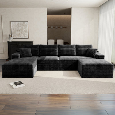 Koli 132" U-shaped Sectional Couch, Compression Sofa for 6 Person, Black Corduroy, Left Facing