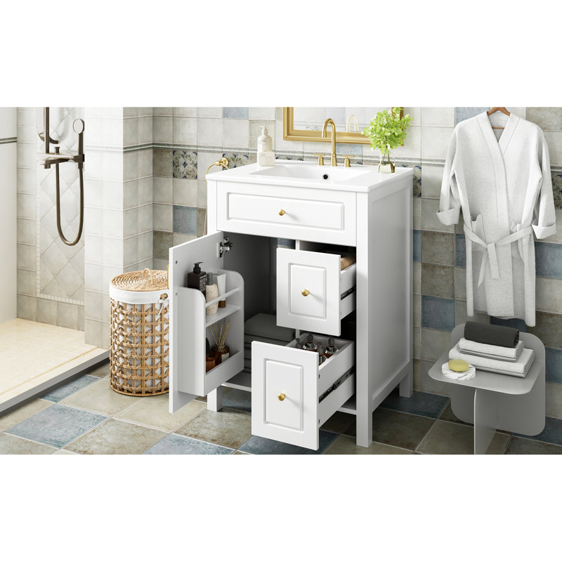 Meuble-lavabo de 24 pouces avec lavabo en céramique, tiroirs et portes à fermeture en douceur, compartiments de rangement intelligents, durabilité à 1 porte, 2 tiroirs, poignées élégantes en alliage d'aluminium
