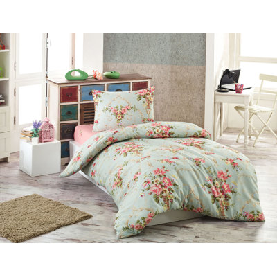 Stylish Single Quilt Cover Set, Mint & Pink/Yellow/Green, Duvet Cover 63 x 87, Flat Sheet 63 x 94, Pillowcase 20 x 28 | 65% Cotton & 35% Polyester, Machine Washable, Envelope & Button Closure | Cozy & Colorful Bedding Solution