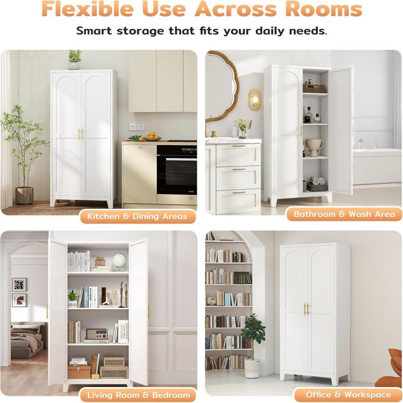 61" White Metal Storage Cabinet With Shapely Doors & Adjustable Shelves – Space-Saving Storage Solution For Bedroom Or Living Room