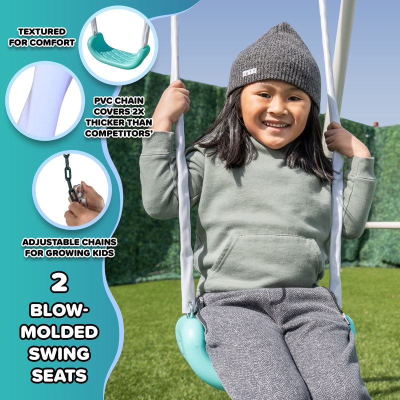 Teal Metal Swing Set with Slide and Trapeze