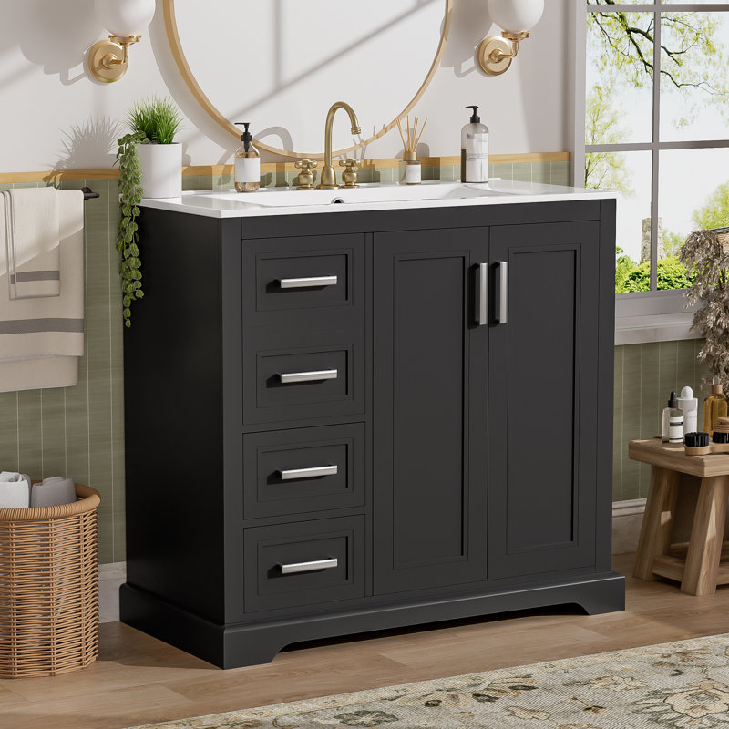 36" Freestanding Bathroom Vanities with Single Sink, Black / Silver