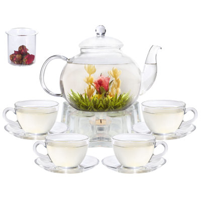Ensemble de théières en verre, bouilloire en verre pour cuisinière avec infuseur et réchaud amovible, ensemble de 4 tasses à thé et soucoupes, ensemble de 4 tasses à thé et à feuilles mobiles Blooming