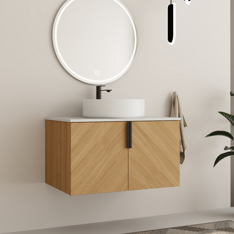 Caldicot 30'' Wall-Mounted Single Bathroom Vanity with Engineered Stone Top and Ceramic Vessel Sink, White, 30"