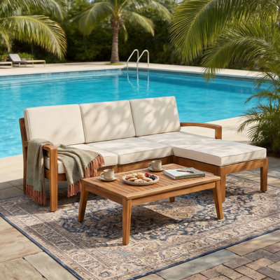 Ensemble modulaire de patio en L en acacia 3 pièces avec coussins beiges