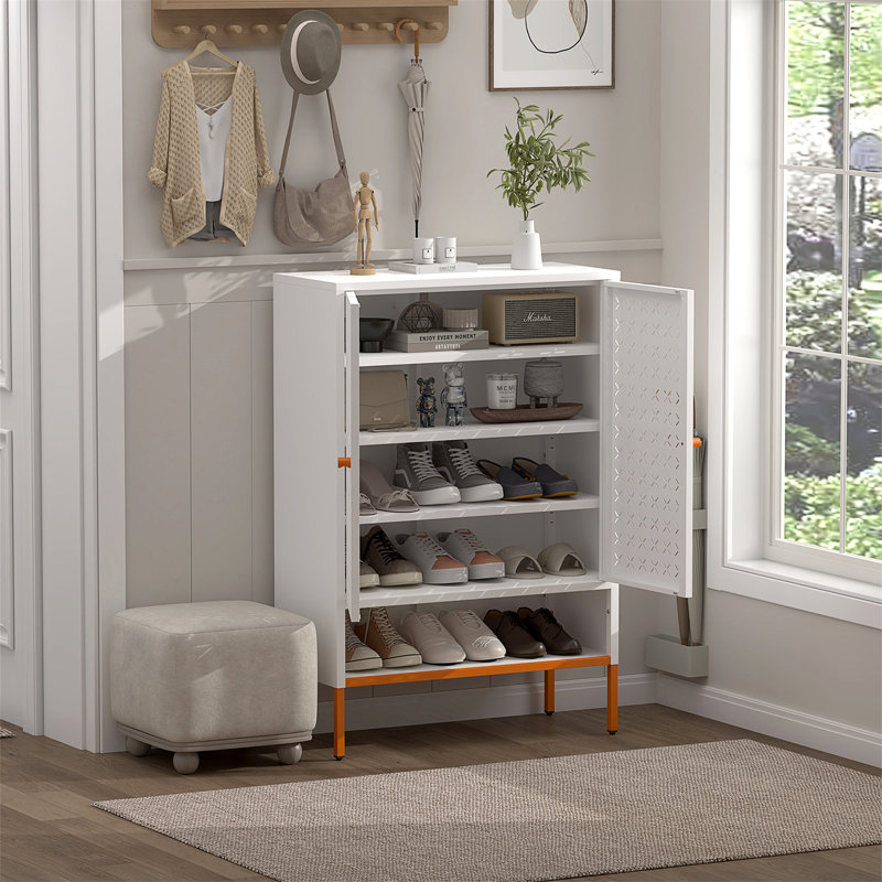 Grid Double Door Shoe Cabinet, White