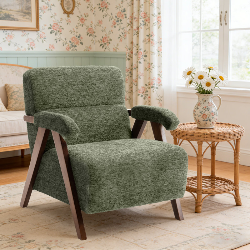 Fauteuil d'appoint rembourré de style Mid-Century avec accoudoirs et pieds en bois massif, Vert sauge
