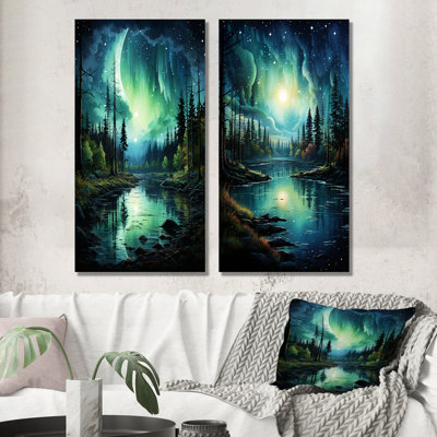 Northern Lights Aurora Reflection I - ensemble de 2 impressions murales sur toile Northern Lights