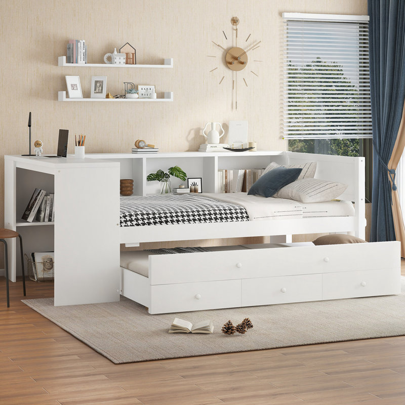 Lit de jour avec couchette, structure de lit de jour en bois avec tiroirs de rangement et tablettes latérales, lit de jour avec bureau, aucune boîte à ressorts nécessaire