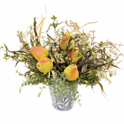 24" Artificial Fall Wall Bucket Arrangement with Pears, Farmhouse Harvest Hanging Floral Decor for Front Door & Kitchen Wall