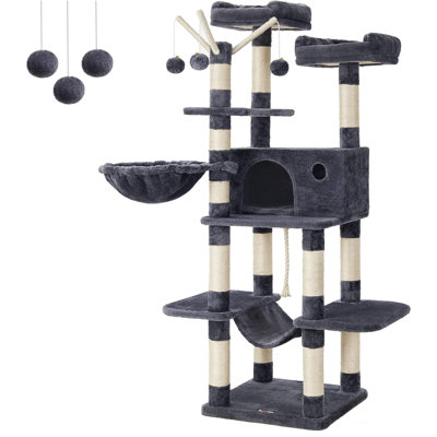 Cat Tree, Large Cat Tower, 64.6 Inches, Cat Activity Center With Hammock, Basket, Removable Fur Ball Sticks, Cat Condo, Smoky Gray