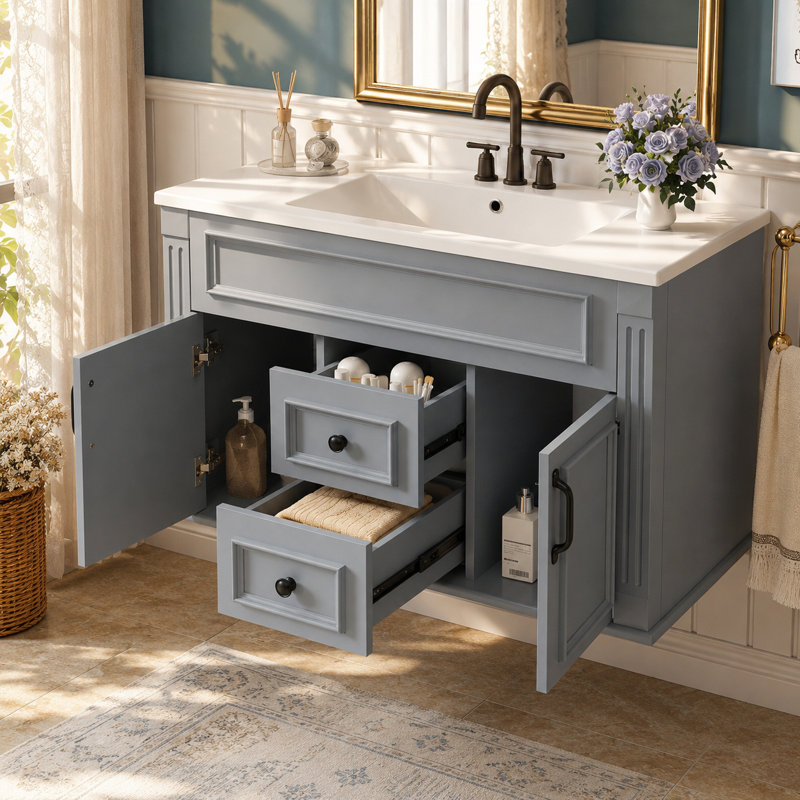 Meuble-lavabo mural 36 po avec lavabo en céramique Mavessa, Gris