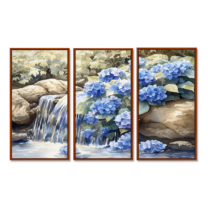 Hydrangées par la cascade III - art mural d'hortensias pour le salon - ensemble de 3, H 28 po x l 36 po, Brun