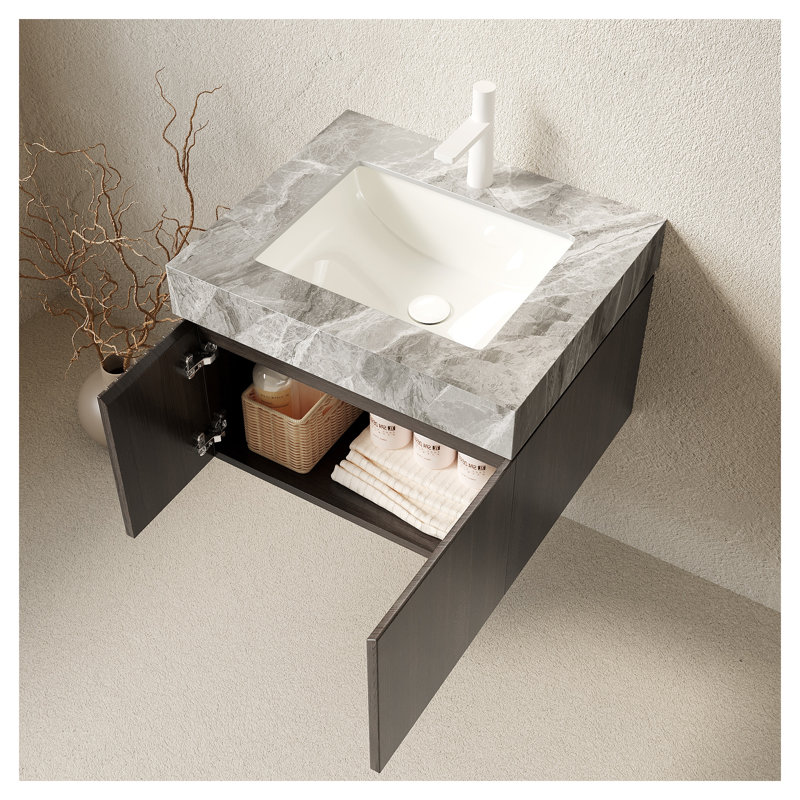 Meuble-lavabo suspendu MURI 24 po avec lavabo, armoire en contreplaqué espresso, comptoir en pierre frittée gris pâle, portes à fermeture en douceur, préassemblé