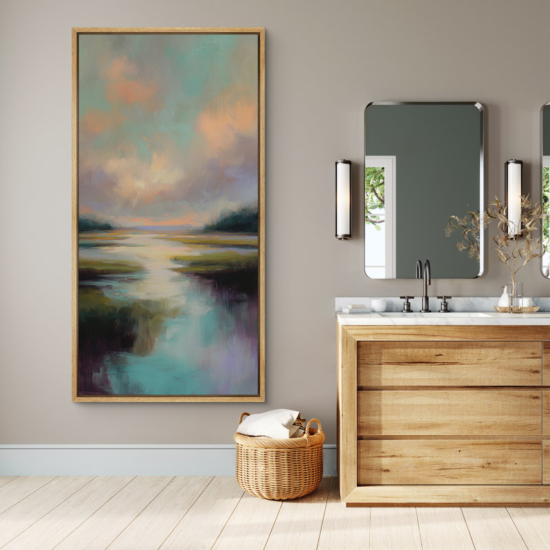 «Serene Sunset Marsh Landscape with Reflective Water - Large encadrée», reproduction d'art sur toile encadrée, Naturel