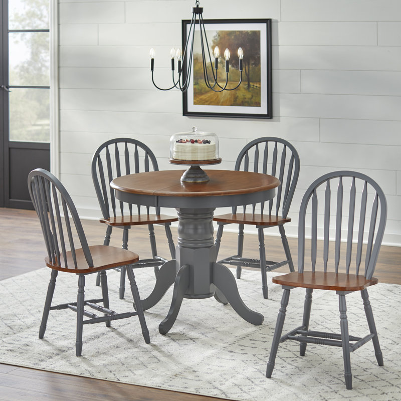 Kaneshiro Solid Wood Top Pedestal Dining Set, 5 Pieces: Table, 4 Chairs, Gray/Walnut