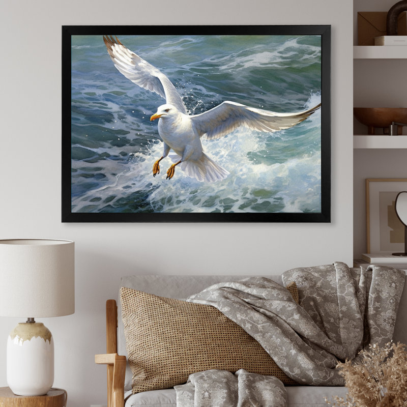 «Watchful Seagull IV», art mural sur toile, H 16 po x l 32 po x P 1 po, Cadre simple noir