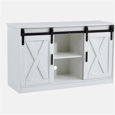 White decorative wood TV/storage cabinet with two sliding barn doors, suitable for bedrooms, living rooms, and hallways.