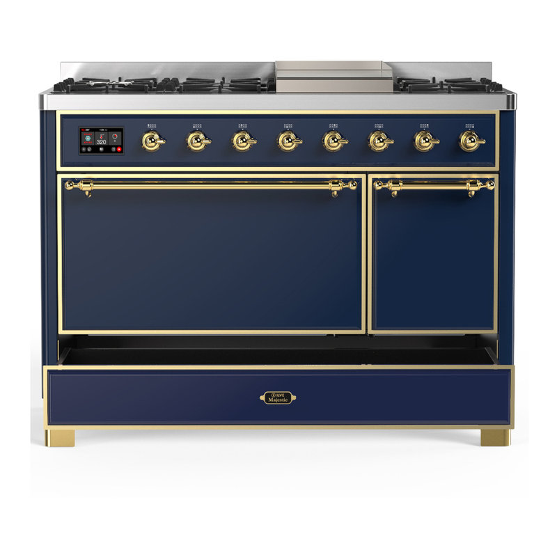 Majestic III Series 48 Inch Dual Fuel Range with 5 Sealed Burners, Griddle, Frenchtop in Mightnight Blue (Liquid Propane, Brass Trim)