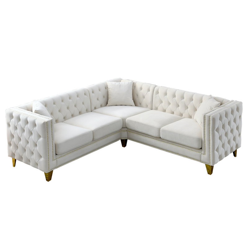 Canapé Chesterfield de luxe en L, Velours beige