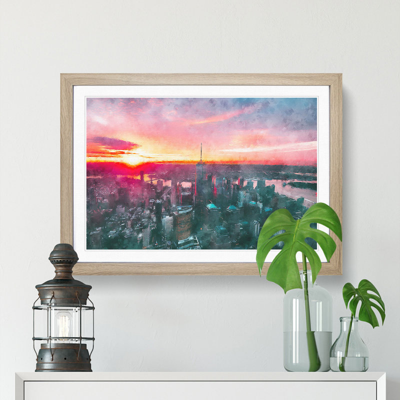 Sunset over New York City - Picture Frame Painting Print, 45cm H x 63cm W x 2cm D, Oak Framed