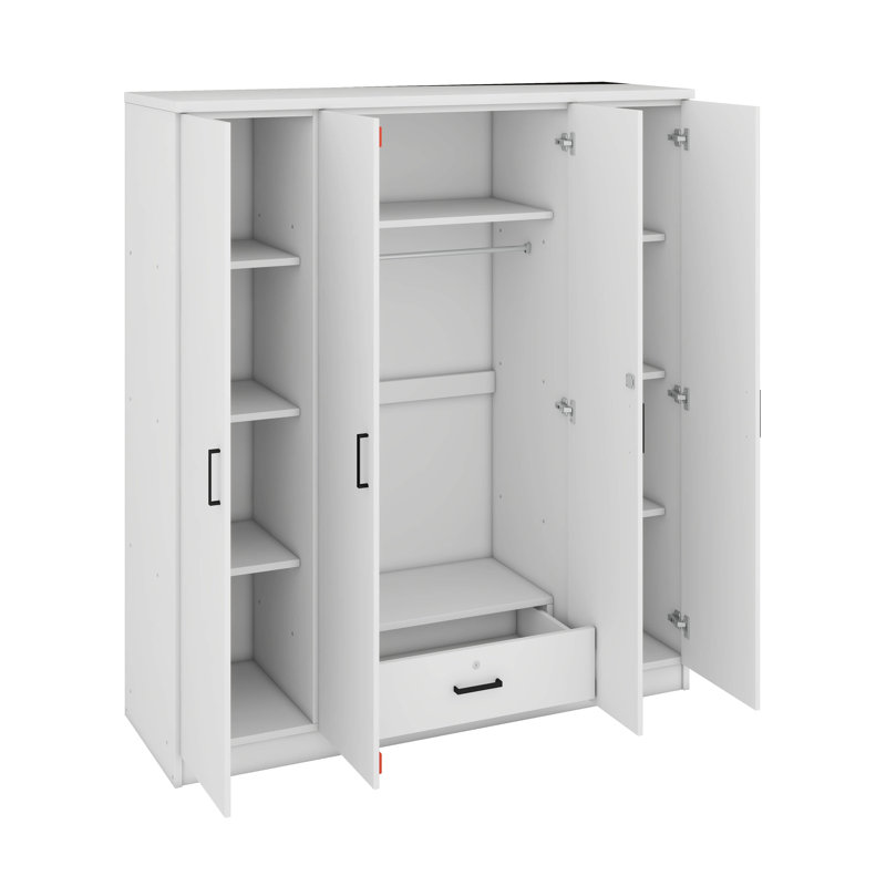 Armoire penderie 4 portes avec un tiroir et une tringle, Blanc