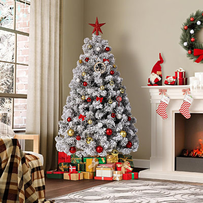 Arbre de Noël artificiel 2025 6 pi avec lumières de Noël blanches chaudes floquées en PVC - Écoénergétique, DEL blanc doux, guirlandes de Noël d'intérieur, décoration d'arbre de Noël festif