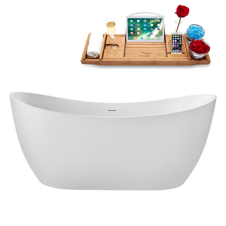 66" Streamline Soaking Glossy White Freestanding Tub and Tray With Internal Drain
