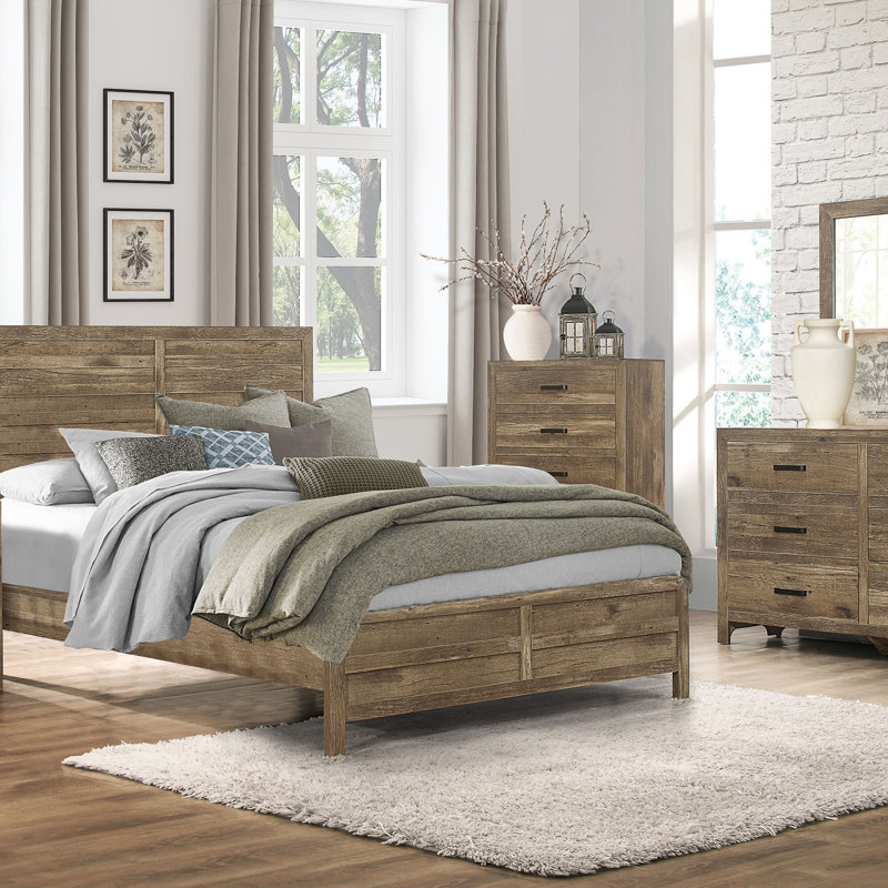 Mobilier de chambre à coucher en bois de style rustique patiné avec finition de pin vieilli 1pc, Lit double