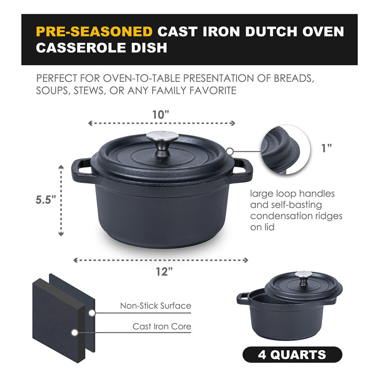 Bruntmor 5 Qt Black Pre-Seasoned Cast Iron Double Dutch Oven Set