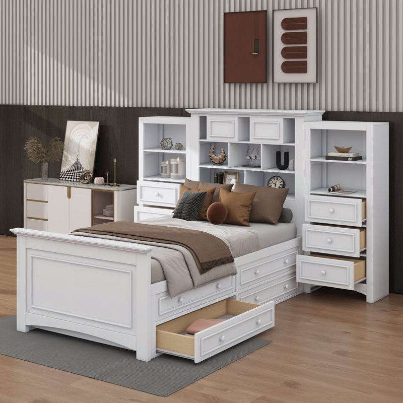 Lit plateforme simple en bois avec armoire verticale intégrée et double ensemble de 4 tiroirs de chaque côté, Blanc