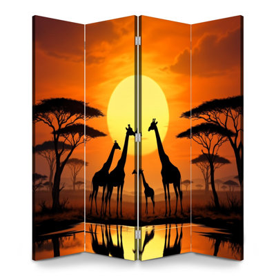 4 Panels Folding Screen Room Divider Royal Giraffes Silhouette African Sunset Acacia Trees Golden Sun Canvas Screen Room Separator Freestanding Protective Wall Divider Privacy Partition