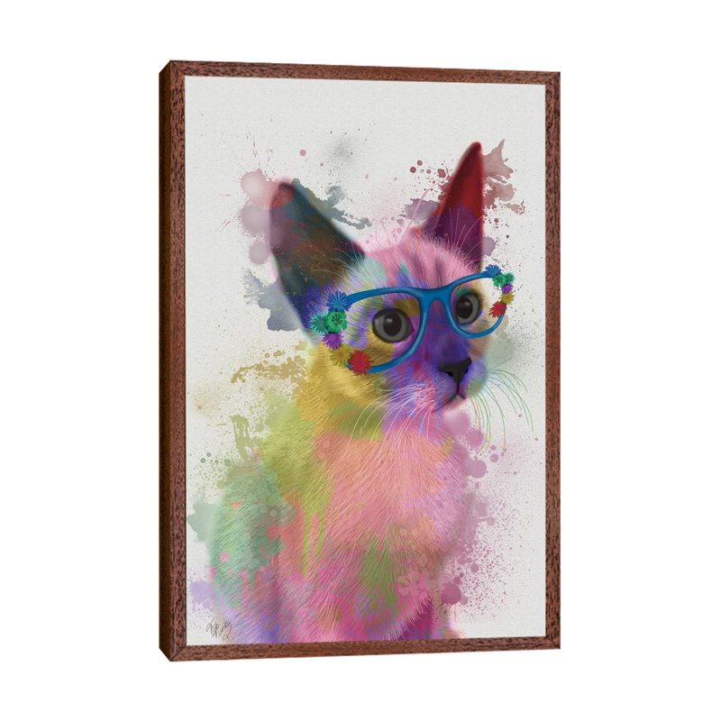 Rainbow Splash Cat II by Splash Cat II - Print on Canvas, Brown Floater Framed, 66.04 cm H x 45.72 cm W