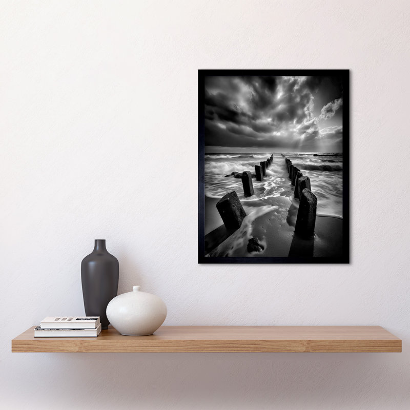 Aaronda Pier Ruins Black And White Dramatic Coastal Photo - Single Picture Frame Print