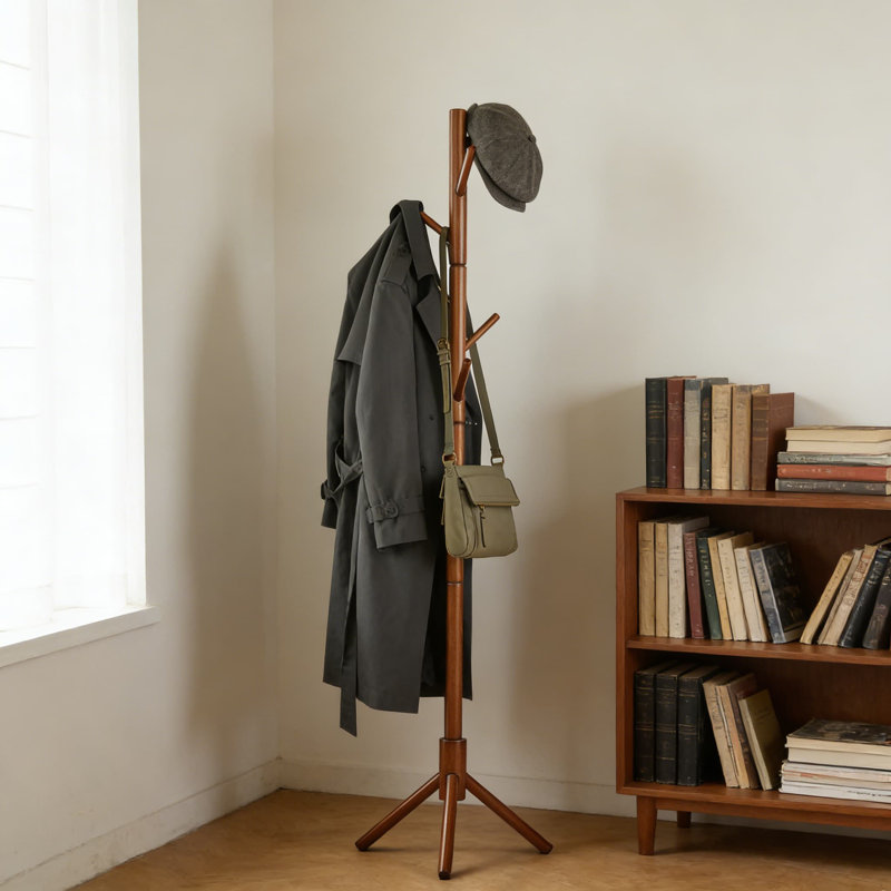 Portemanteau autoportant en bois avec 6 crochets, conception d'arbre à hauteur réglable pour vestibule, vestibule ou bureau