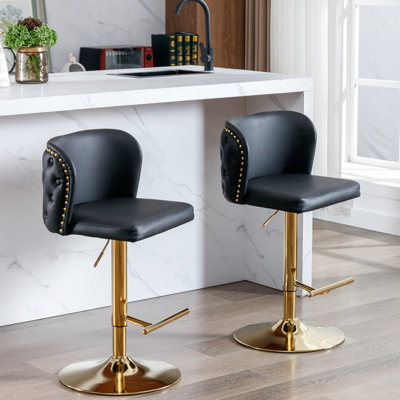 Adjustable Seat Height Swivel Bar Stools - Modern Pu Leather Upholstered, Back For Home Pub & Kitchen Island  Black 2 Seats With And   Of Black Ones