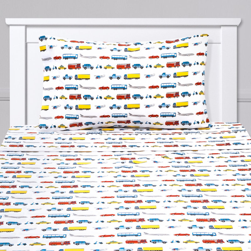 Blue Transportation Print Microfiber Twin Kids Sheet Set
