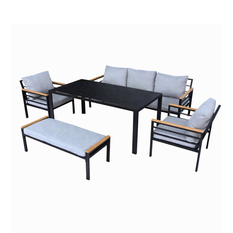 6-Seater Black Aluminium Garden Furniture Set with Sofa, Armchairs, Bench and Table for Patio Dining